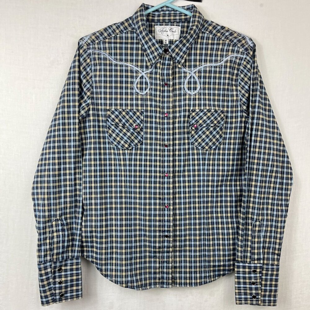 Rodeo Carte Pearl Snap Plaid Western Shirt Womens XL Vintage Embroidered Cowgirl